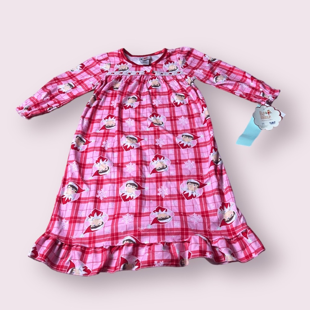 NWT Toddler Girl Elf On The Shelf Pink & Red Plaid Flannel Holiday Pajama Dress